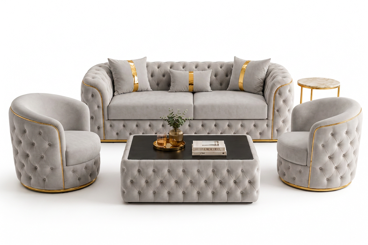 Set Canapea Fixă + 2 Fotolii + Măsuță de Cafea Lugano – Culoare 01