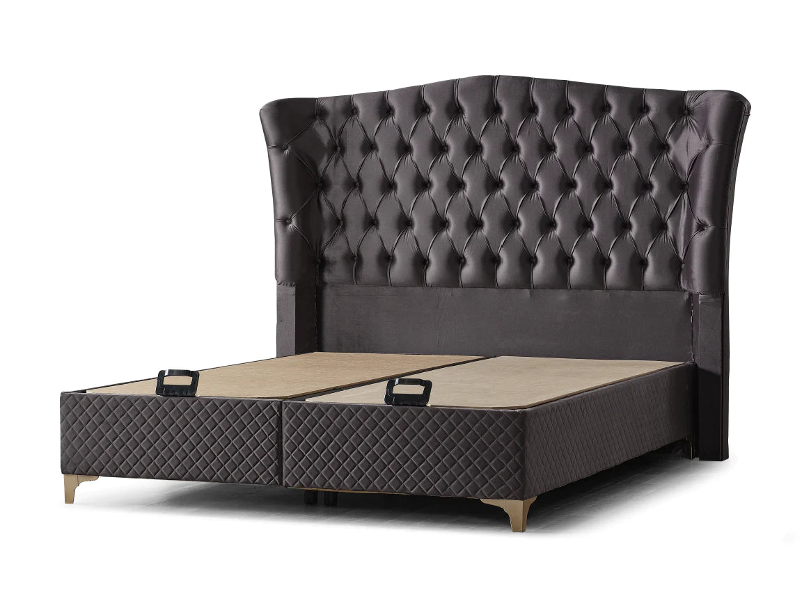 Pat tapițat cu saltea inclusă, ladă depozitare, somieră rabatabilă, catifea – Model Boxspring Confort