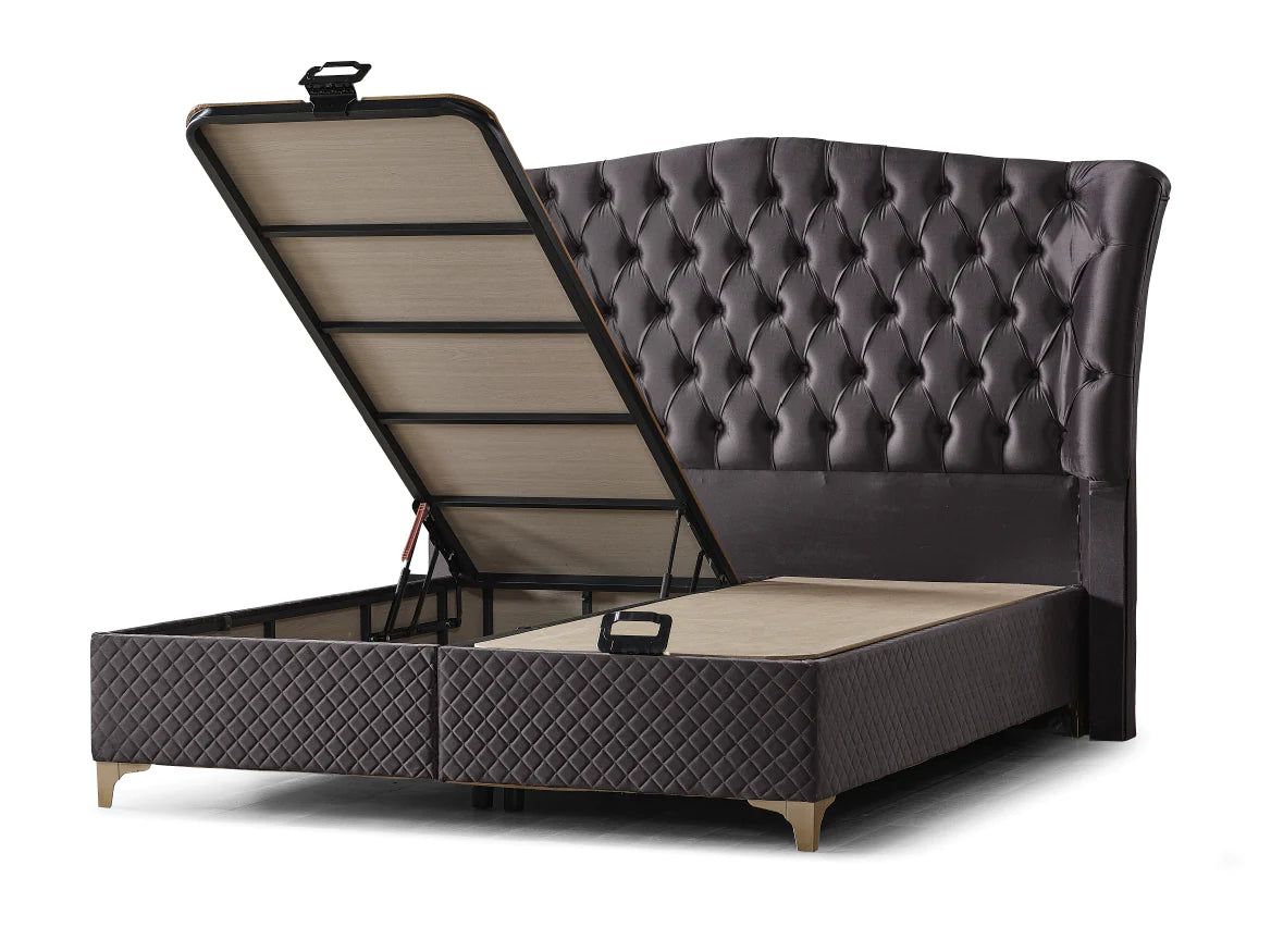Pat tapițat cu saltea inclusă, ladă depozitare, somieră rabatabilă, catifea – Model Boxspring Confort