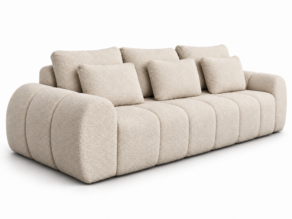 Canapea extensibilă crem din boucle IMPACT MOB Lisabona cu ladă de depozitare, design modern și confortabil pentru living.
