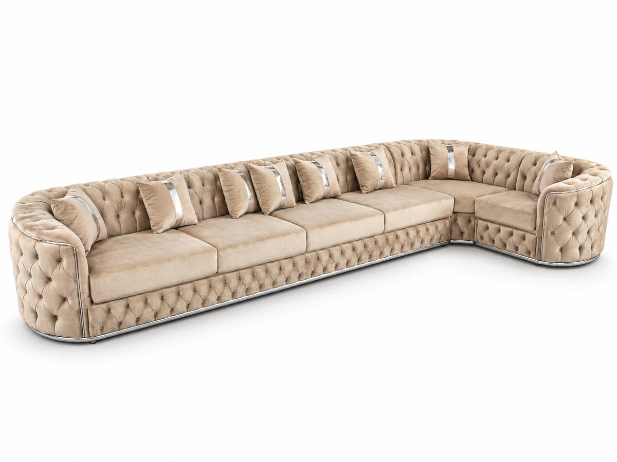 Canapea modulară Lugano IMPACT MOB, colțar fix de 480x180cm, tapițată cu catifea bej cu accente argintii.