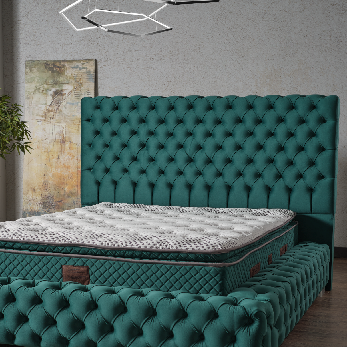 Pat tapițat cu saltea inclusă, ladă depozitare, somieră rabatabilă, catifea – Model Boxspring Castello