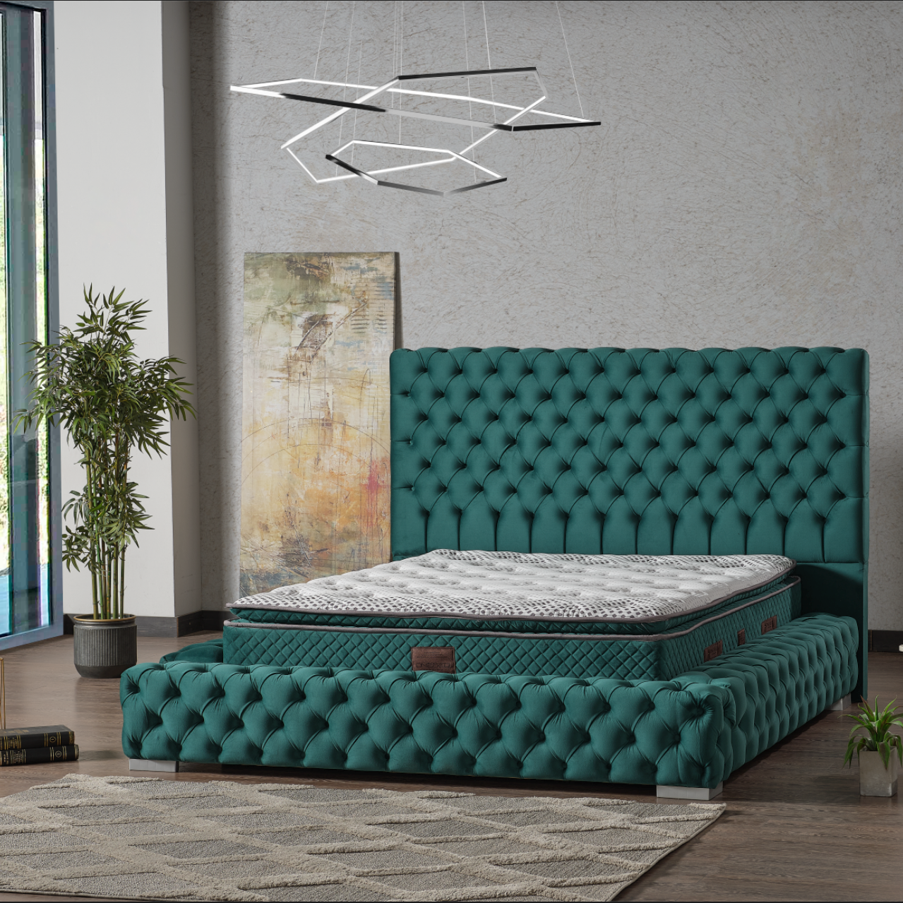 Pat tapițat cu saltea inclusă, ladă depozitare, somieră rabatabilă, catifea – Model Boxspring Castello