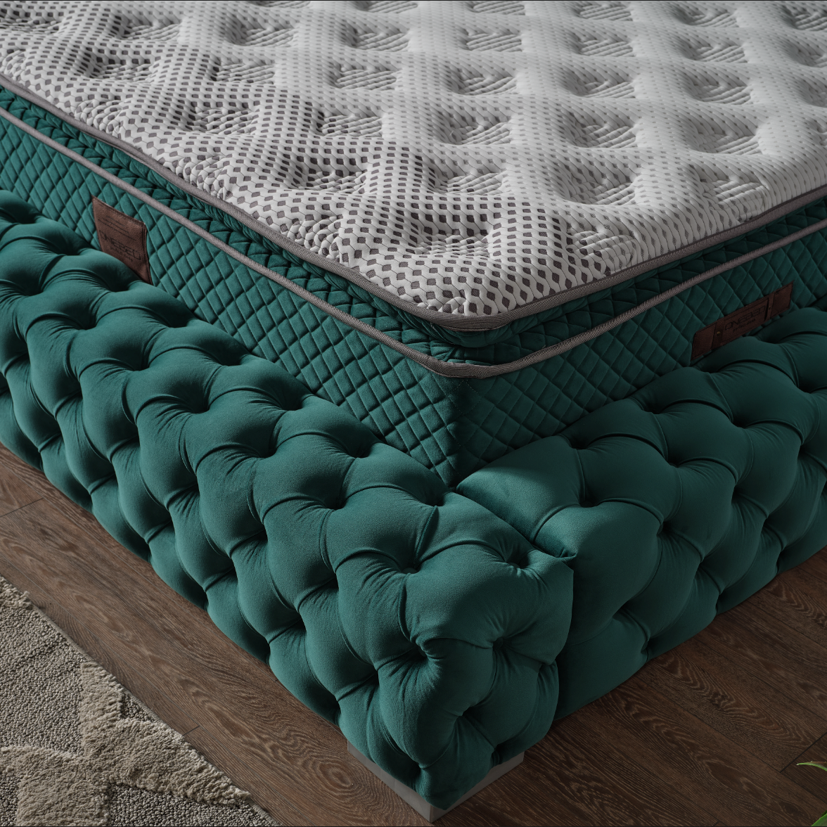 Pat tapițat cu saltea inclusă, ladă depozitare, somieră rabatabilă, catifea – Model Boxspring Castello