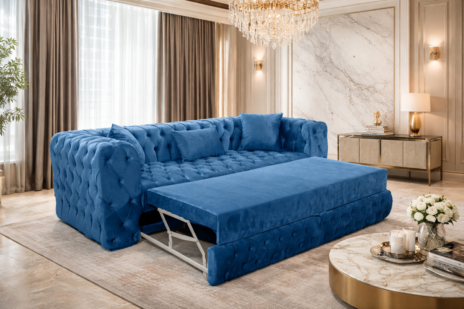 California extendable velvet sofa by IMPACT MOB, showcasing plush fabric and modern design in a stylish living room setting.