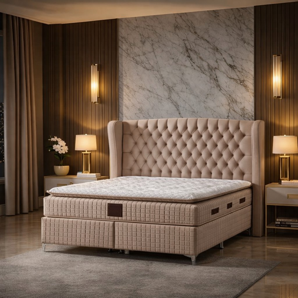 Pat Boxspring Olivia din Catifea, cu Saltea și Depozitare