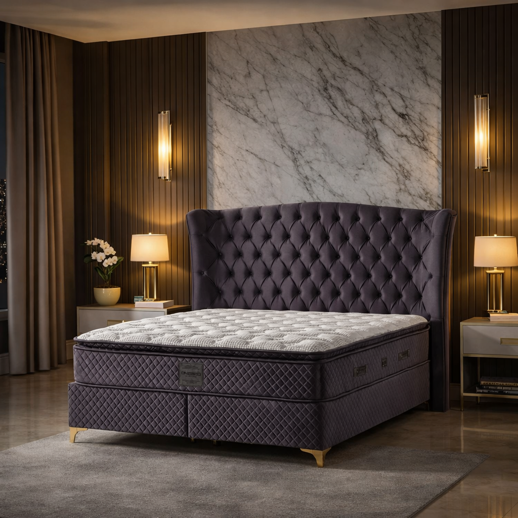 Luxury purple velvet Pat Boxspring Confort from IMPACT MOB with built-in storage and matching mattress, showcasing plush fabric and modern design.
