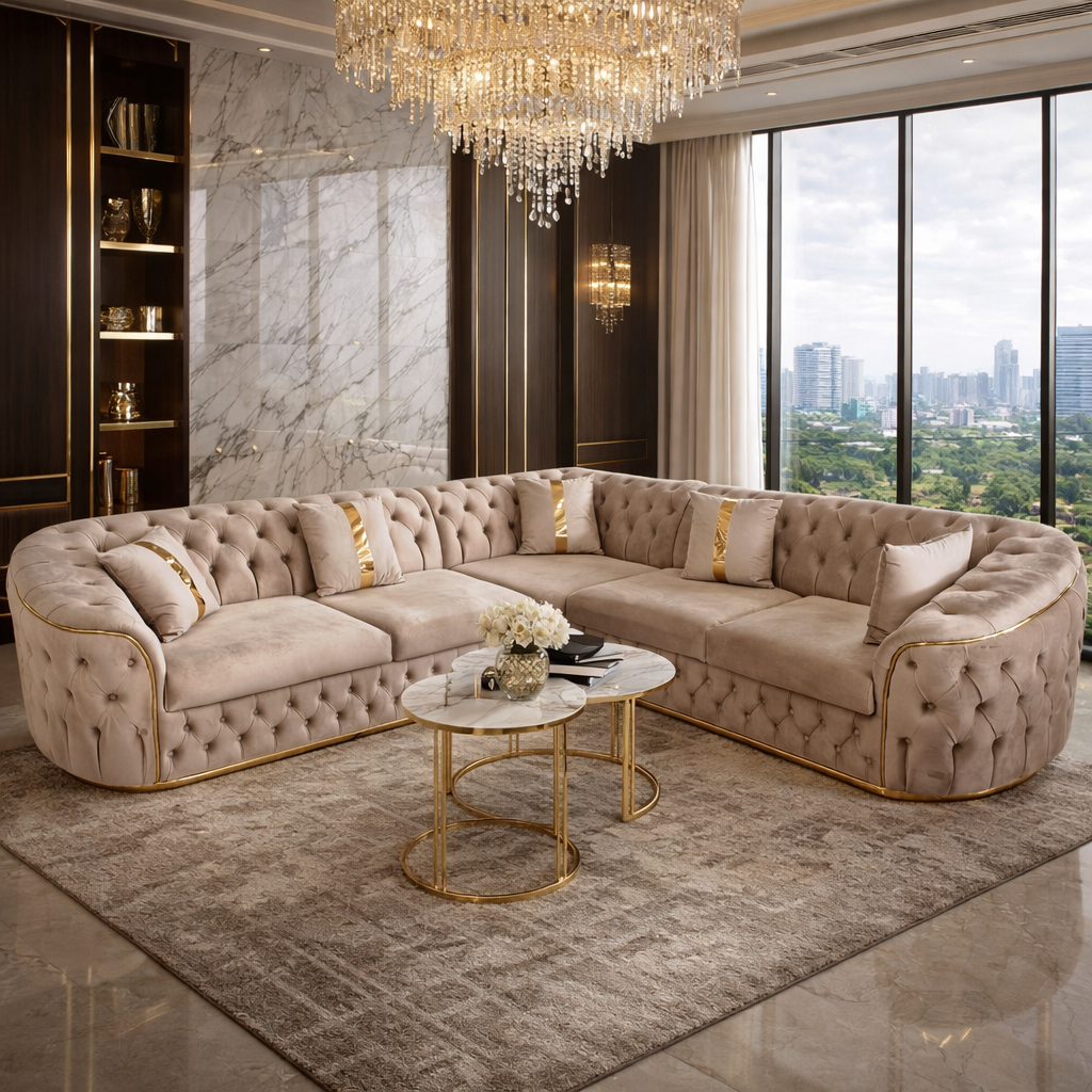 Colțar Lugano Fix și Extensibil din catifea, 270x270 cm, în nuanțe elegante, brand IMPACT MOB, pentru living modern.