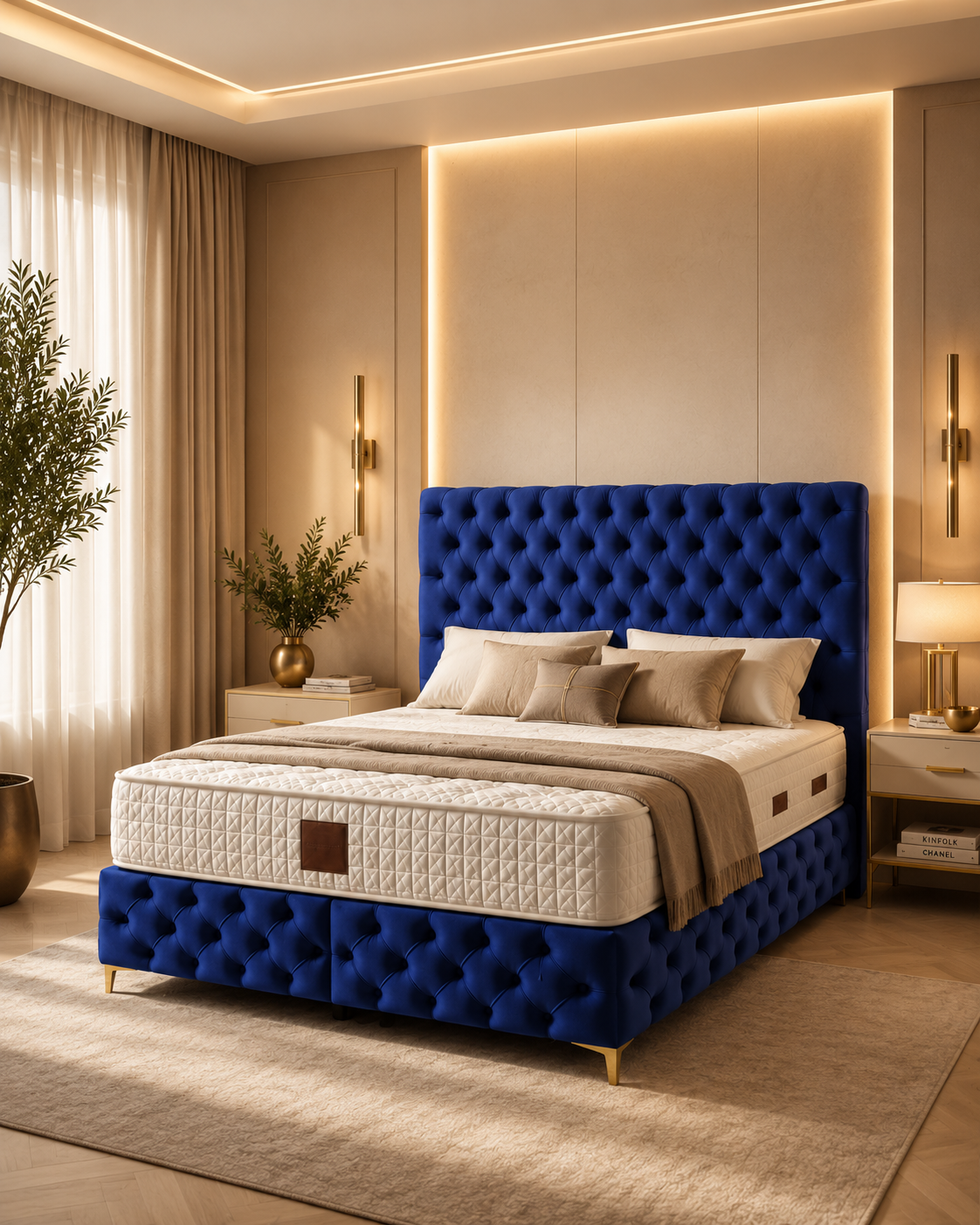 Pat Boxspring Aqua din Catifea, cu Saltea și Depozitare