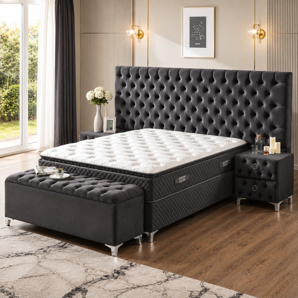 Pat Boxspring Valura din Catifea, cu Saltea și Depozitare