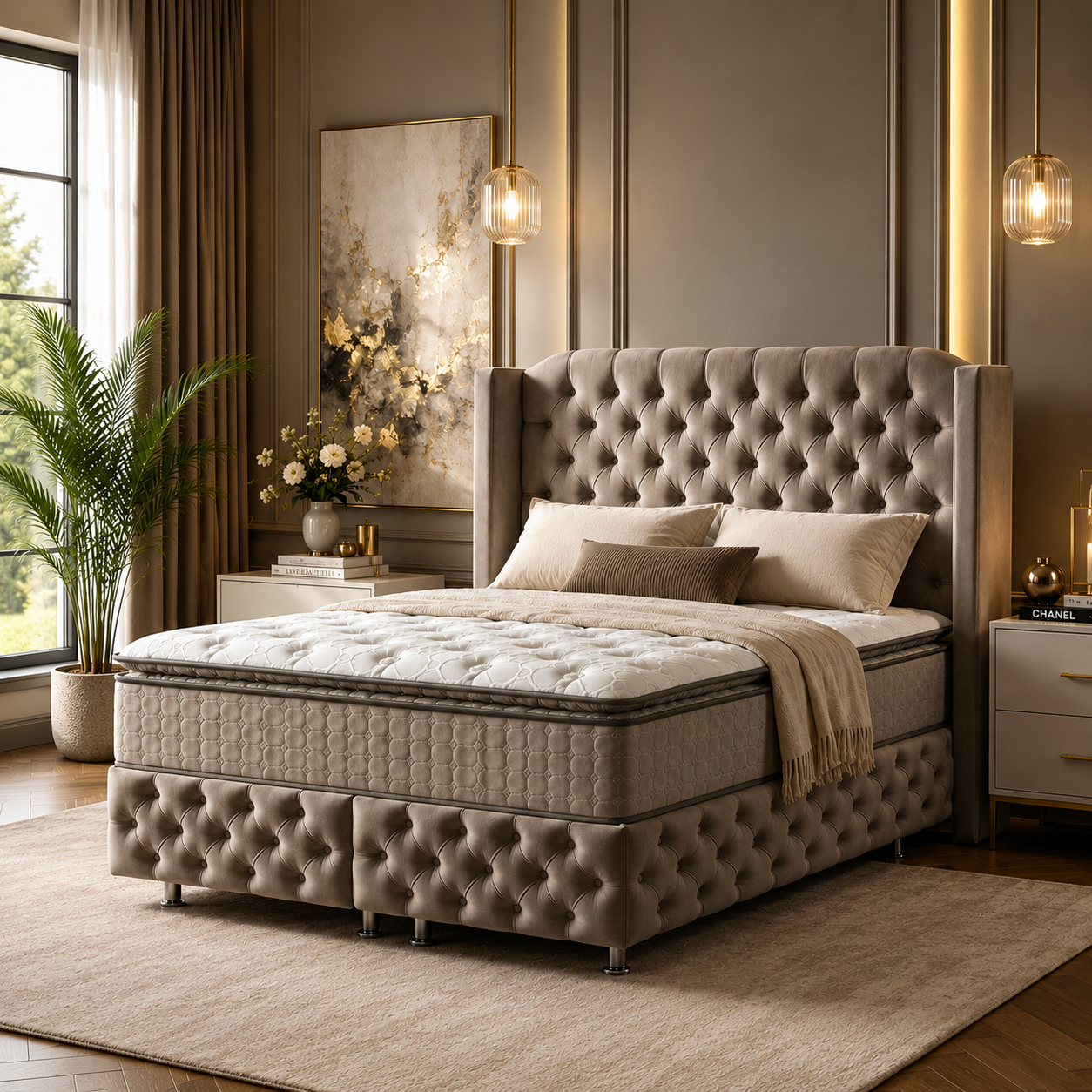 Pat Boxspring Premium din Catifea, cu Saltea și Depozitare
