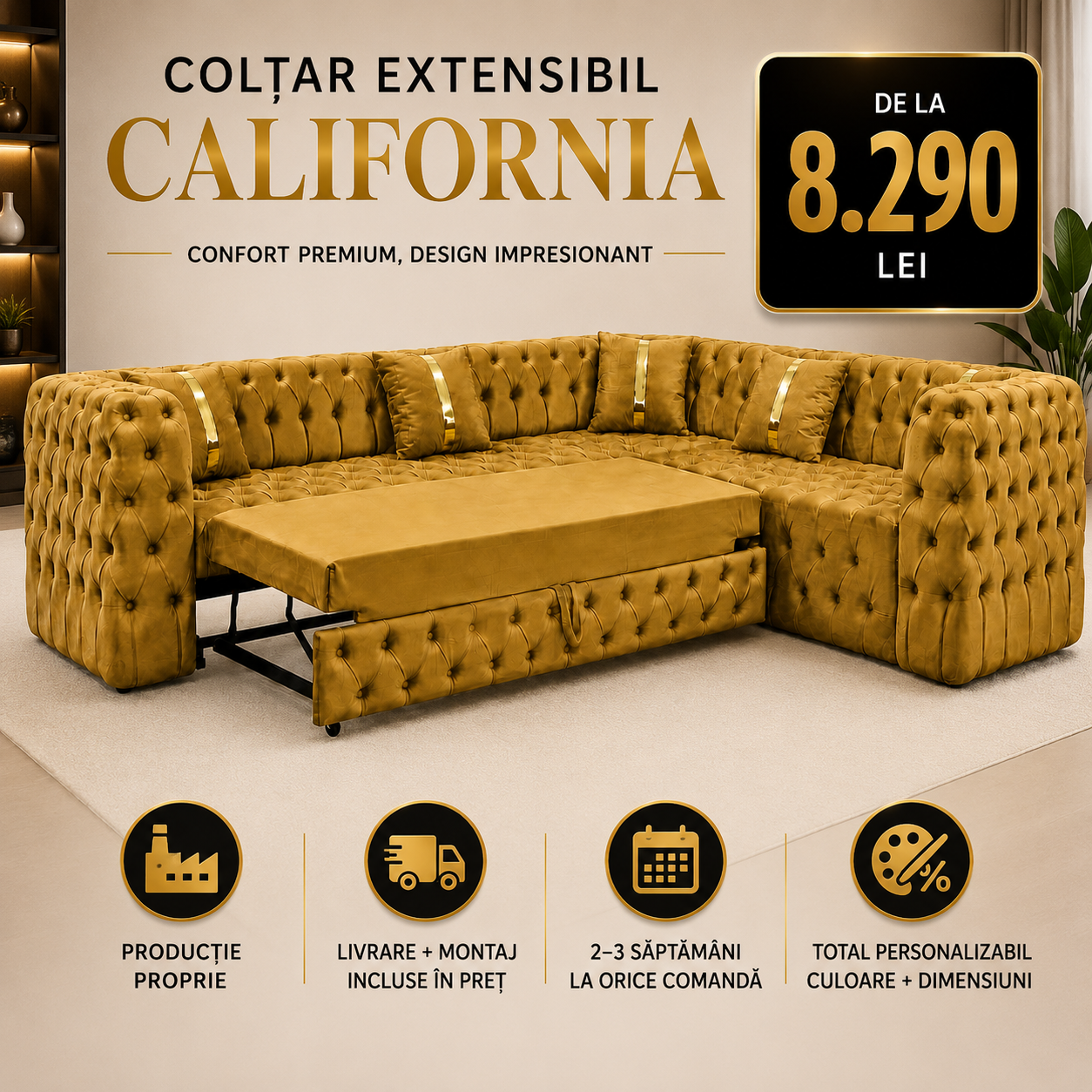 Colțar California extensibil din catifea, 270x270cm, brand Impact Mob, stil modern și confortabil în living.