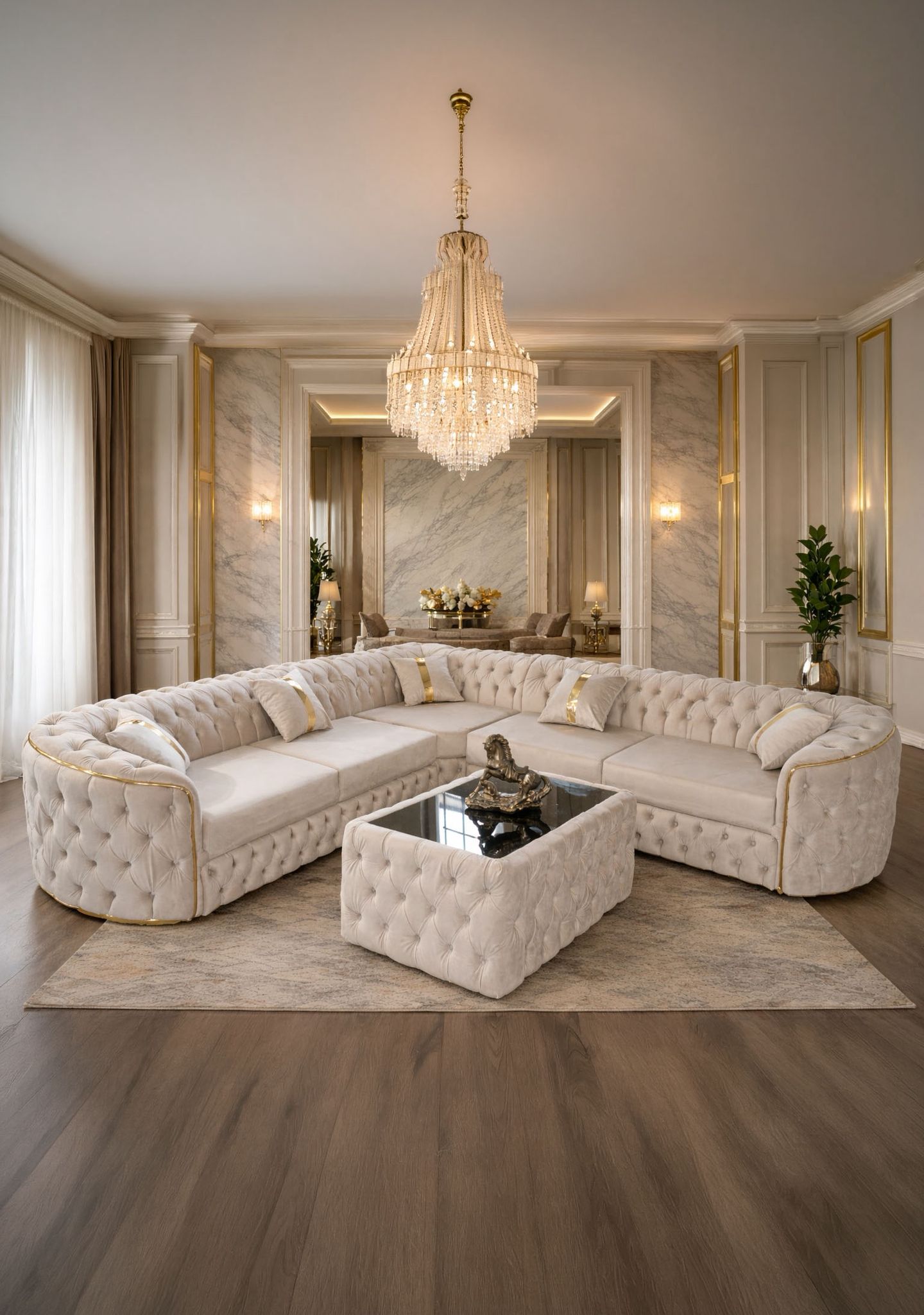 Fotografie cu colțar Lugano de 270x270 cm, tapițat cu catifea, de la brandul IMPACT MOB, pe o suprafață elegantă.