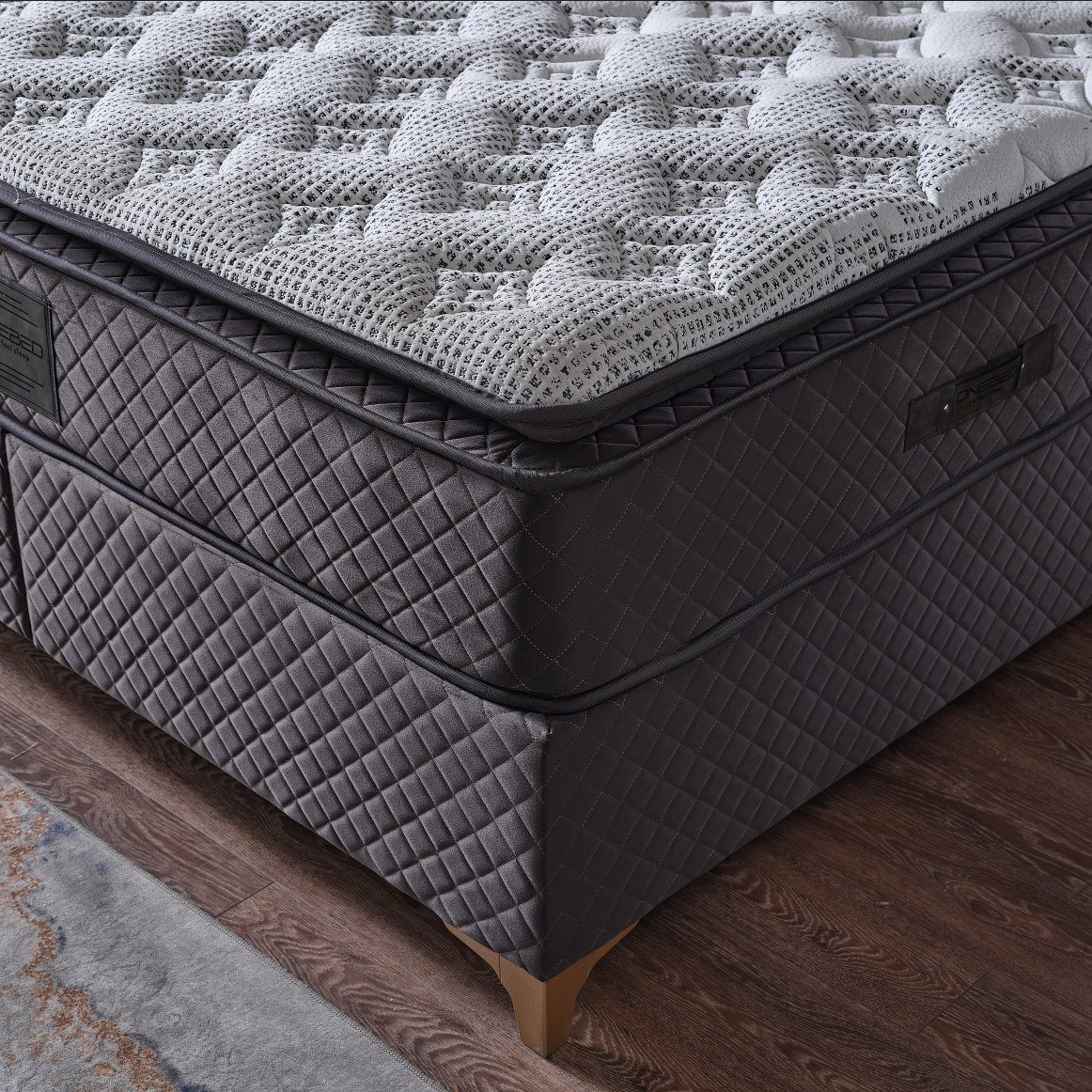 Pat boxspring din catifea Bazano de la IMPACT MOB, cu saltea și spațiu de depozitare pentru confort și stil în dormitor