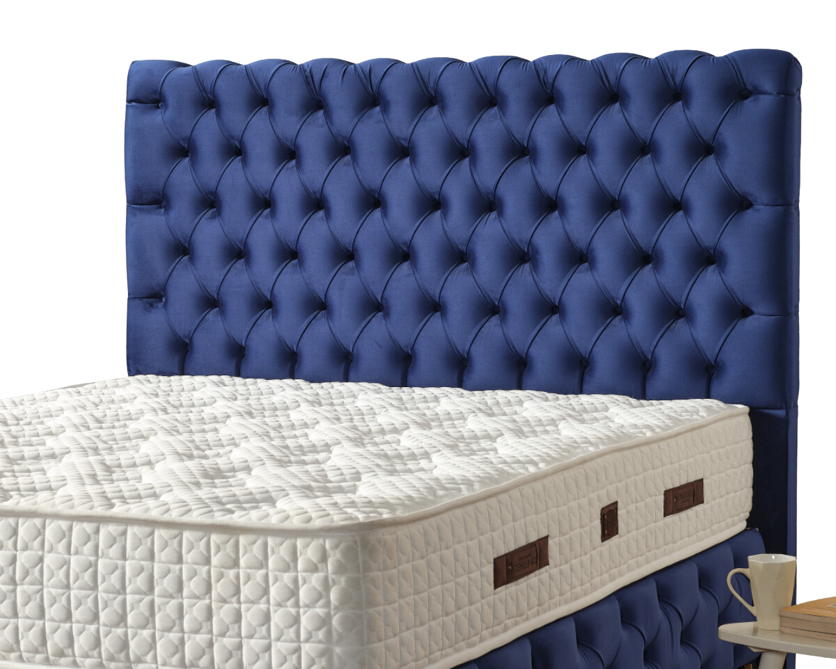 Close-up of an IMPACT MOB aqua velvet catifea pat boxspring with built-in storage and a matching mattress.