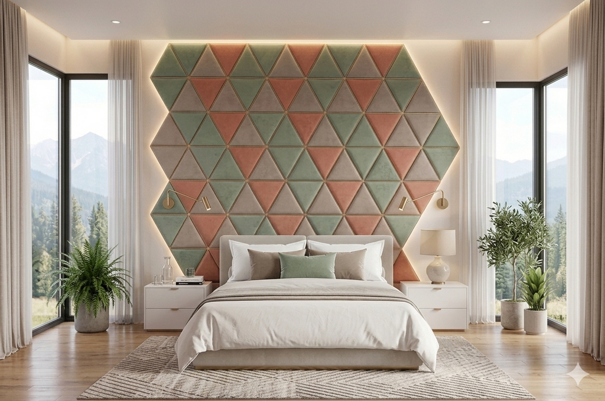Panou decorativ tapitat triunghiular de 35cm de la IMPACT MOB, cu design modern și textură moale, pentru interior elegant.