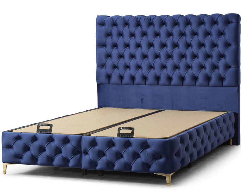 Pat Boxspring Aqua din Catifea, cu Saltea și Depozitare