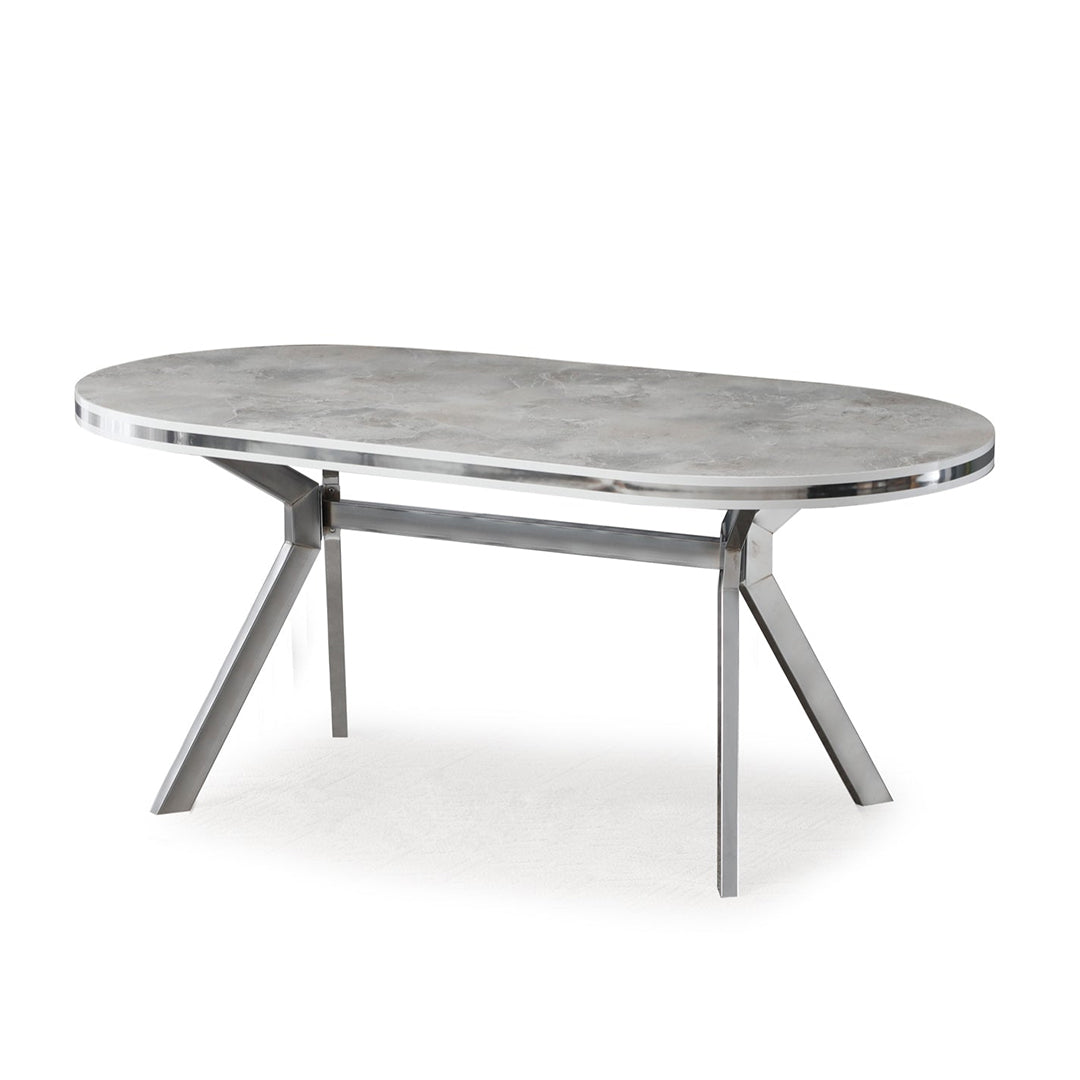 Masă de living, ovală, fixă, blat alb cu argintiu, Marbo