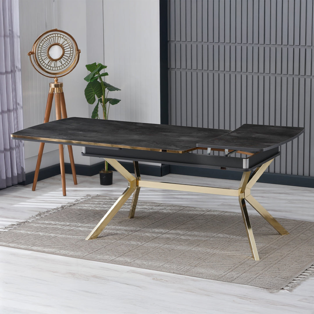 Masă de living, pătrată, extensibilă, blat negru cu auriu, Venus Deluxe