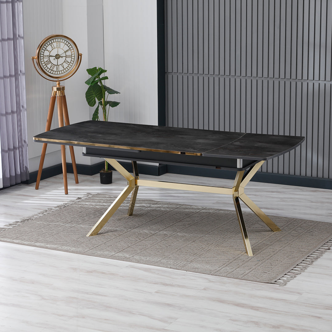 Masă de living, pătrată, extensibilă, blat negru cu auriu, Venus Deluxe
