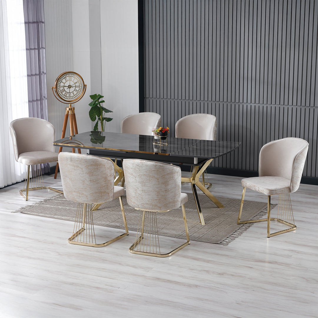 Masă de living, pătrată, extensibilă, blat negru cu auriu, Venus Deluxe