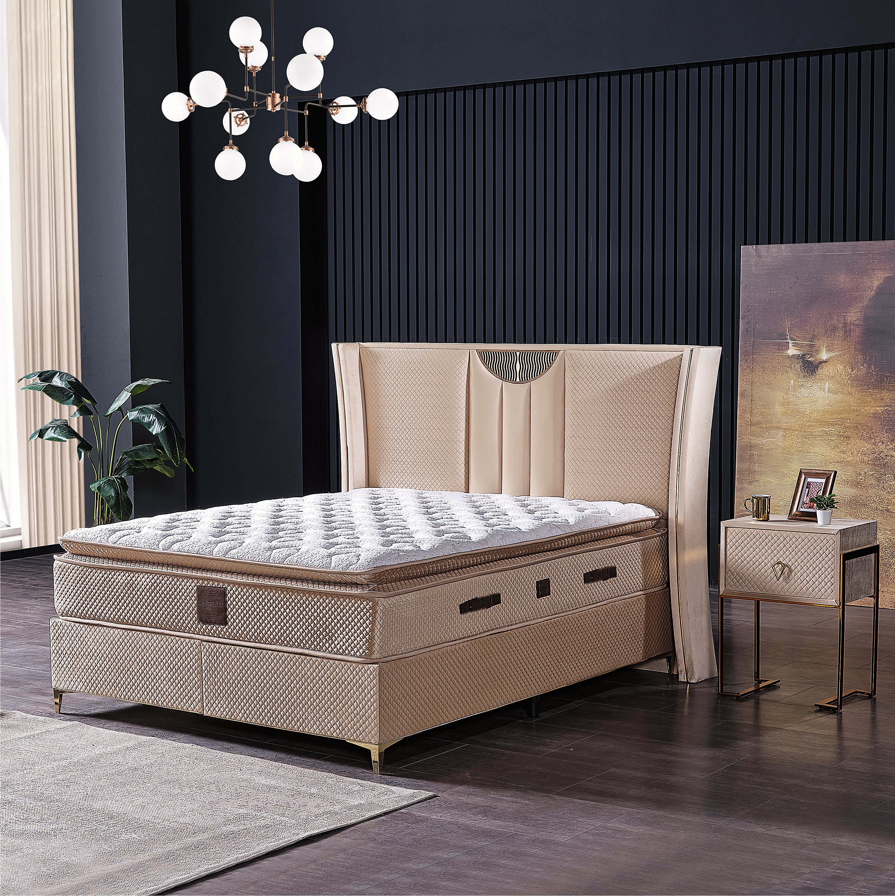 Pat tapitat Boxspring Nivrana 160x200 cu saltea inclusă, oferind confort optim pentru un somn odihnitor.