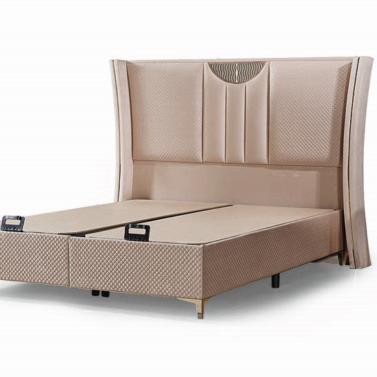 Pat boxspring Nirvana din catifea, cu saltea și spațiu de depozitare, realizat de IMPACT MOB, în tonuri elegante de albastru închis