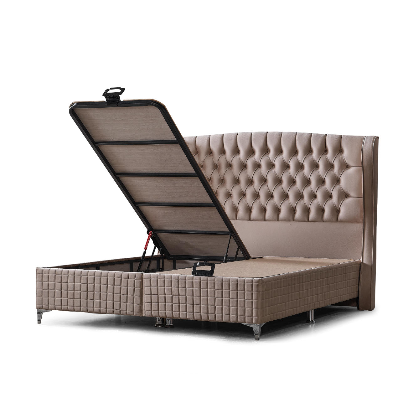 Picioare de susținere din plastic și inox ale patului Boxspring Olivia, fiecare având 10 cm înălțime pentru stabilitate.