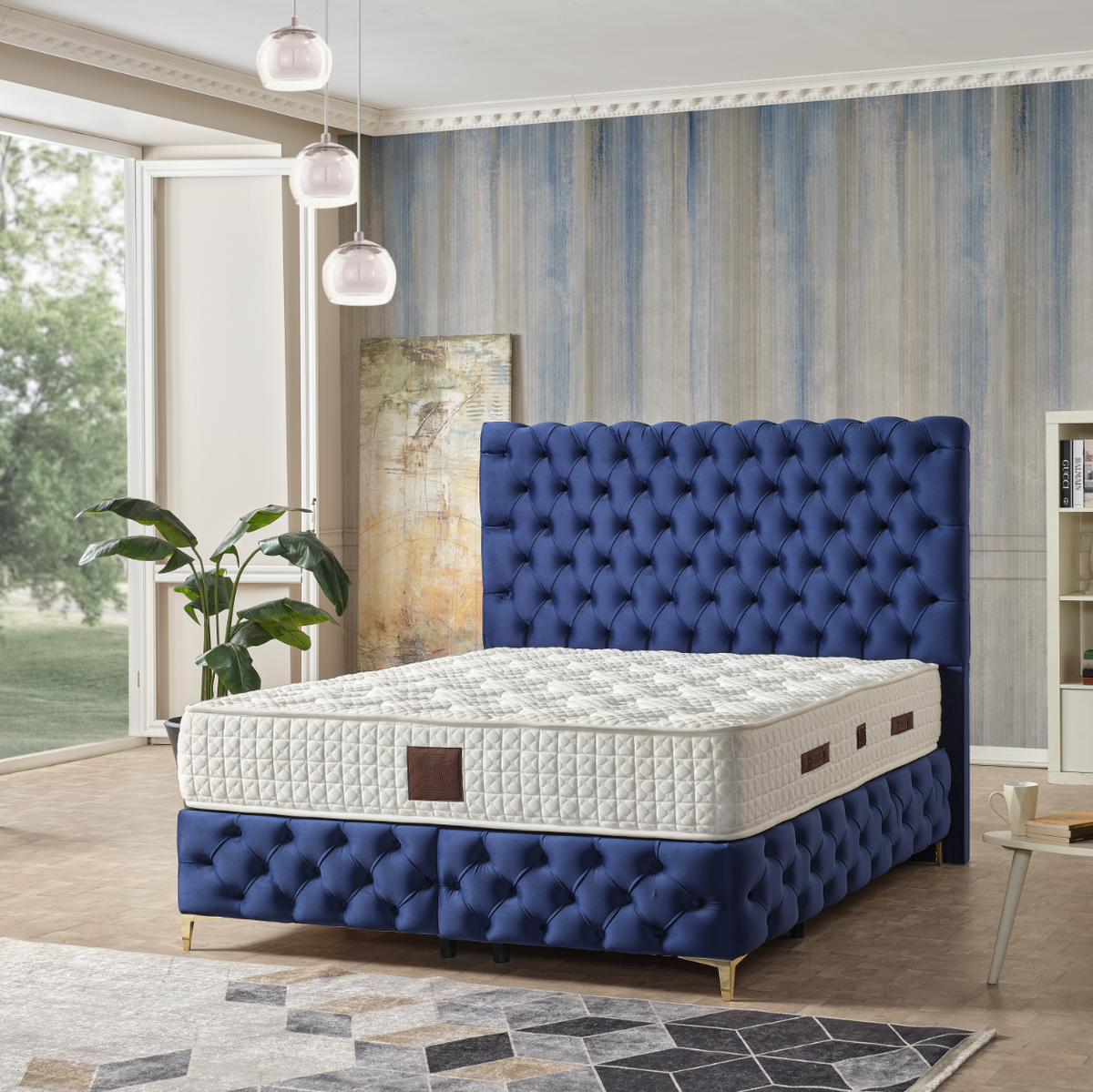 Pat Boxspring Aqua din Catifea, cu Saltea și Depozitare