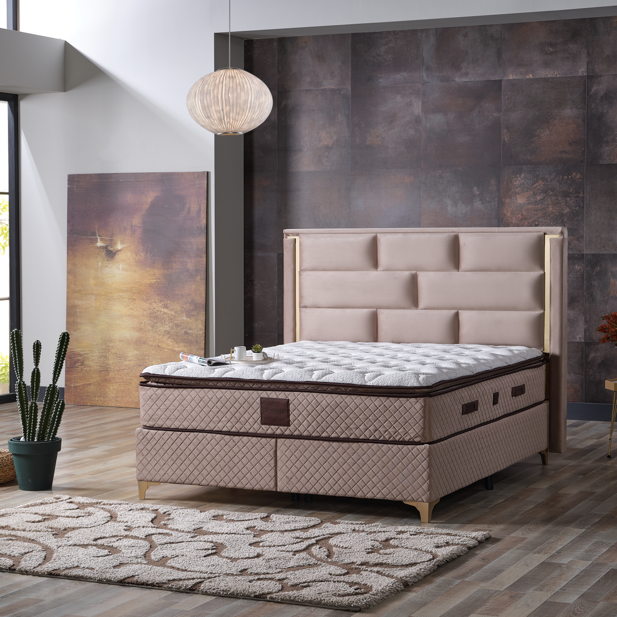 Pat tapitat Bianca de la IMPACT MOB, pat boxspring din catifea cu saltea inclusă, dimensiuni 160x200 cm, eleganță și confort.
