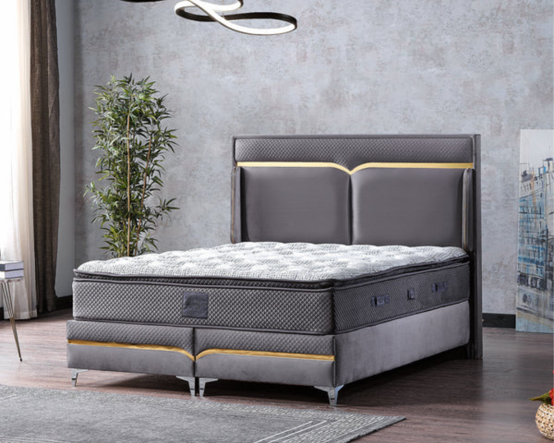 Impact Mob Mars velvet boxspring bed with mattress, storage drawer, and foldable slats for bedroom comfort and style.