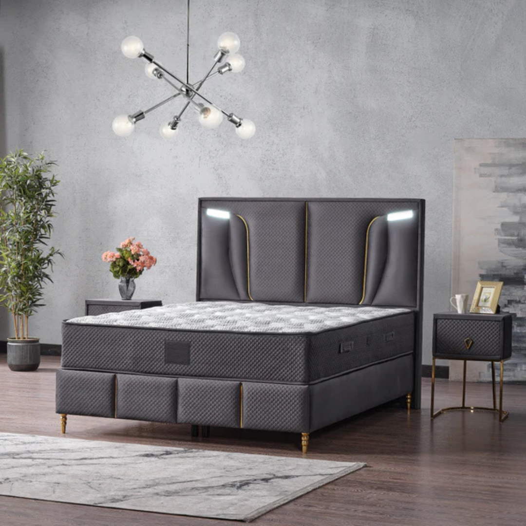 Pat boxspring R&R din catifea IMPACT MOB cu saltea și ladă de depozitare, somieră rabatabilă, elegant și confortabil.