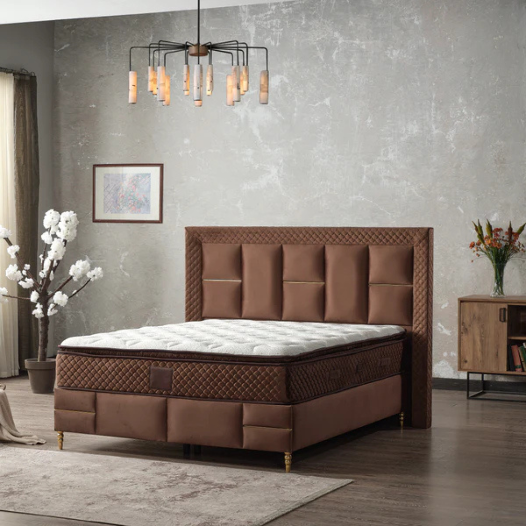 Western-style catifea boxspring bed with included mattress, storage drawer, and foldable bed base by IMPACT MOB
