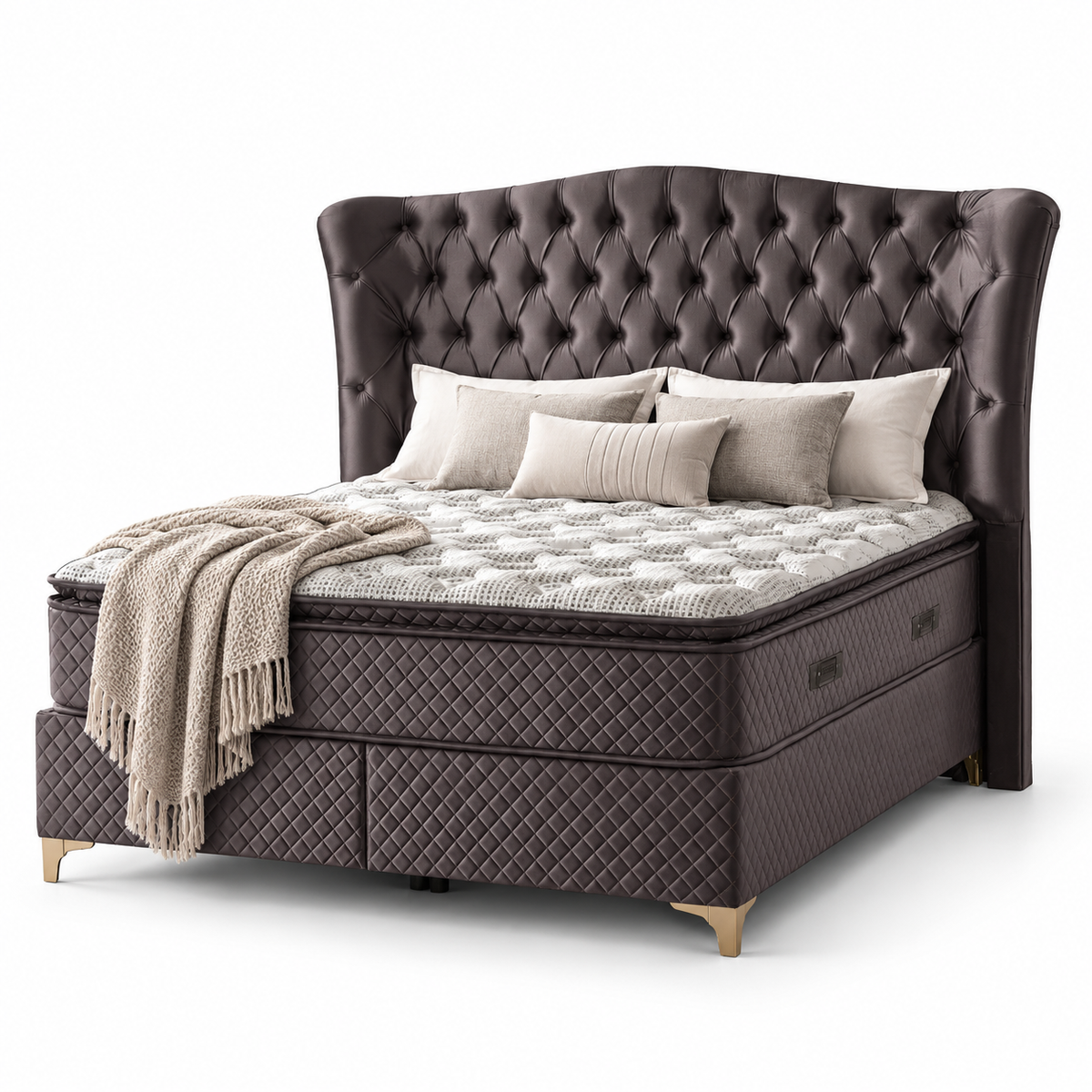 Pat boxspring Confort din catifea IMPACT MOB cu saltea și spațiu de depozitare, acoperit cu material moale și elegant.