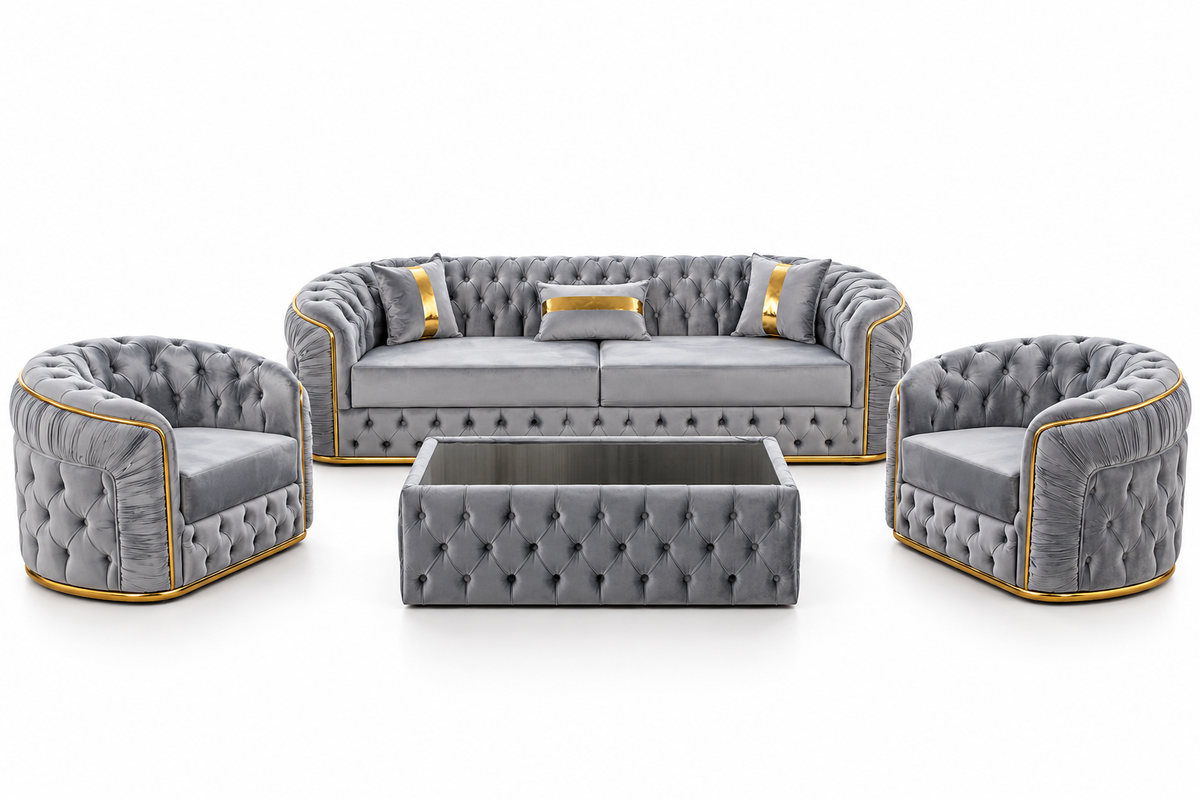 Set canapea extensibilă 3 locuri, 2 fotolii și măsuță de cafea IMPACT MOB, mobilier modern din catifea gri.