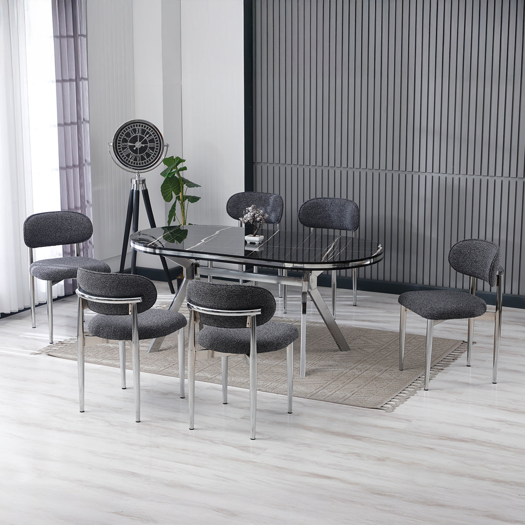 Set masă cu 6 scaune, ovală, fixă, Polo Silver