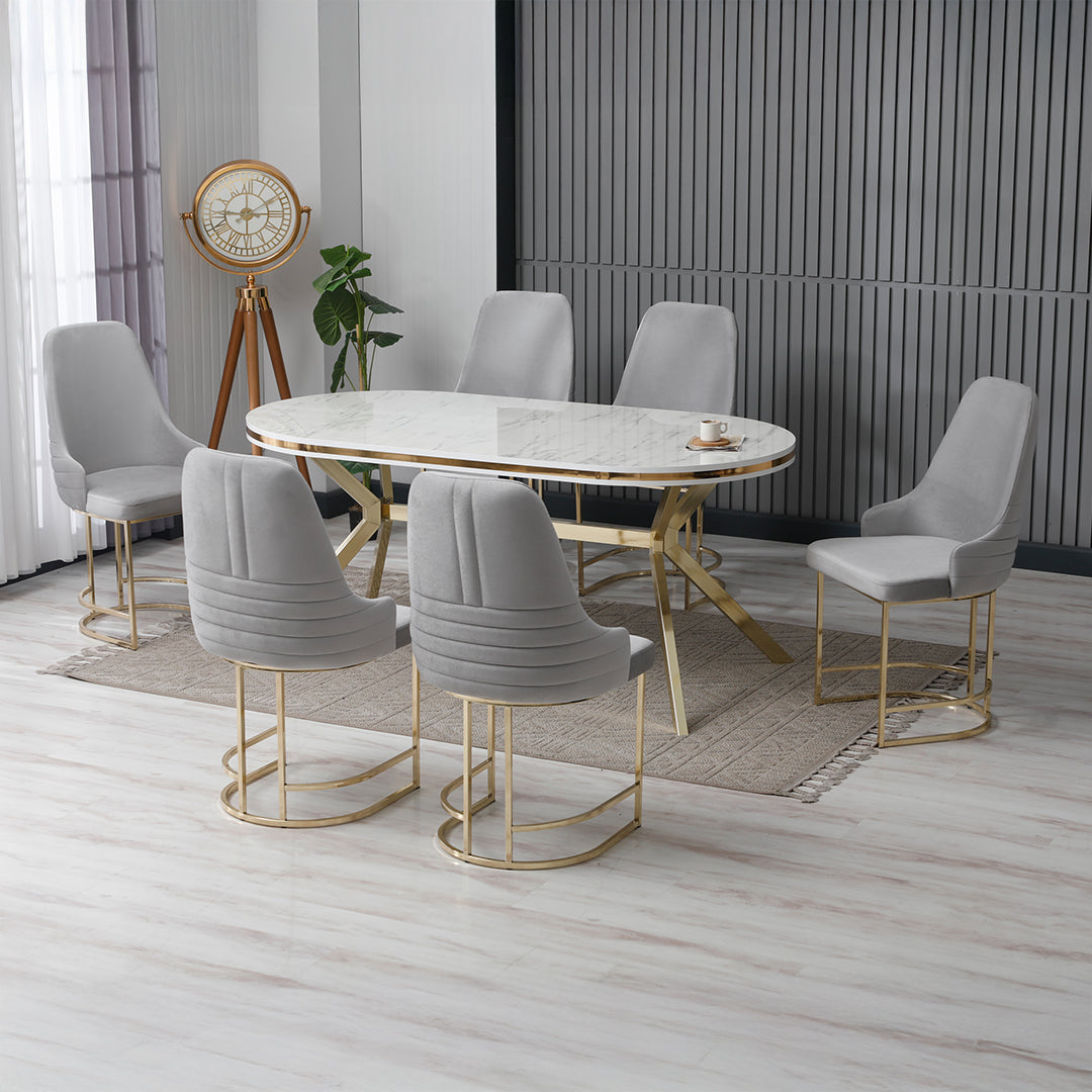 Set masă cu 6 scaune, ovală, fixă, Retro