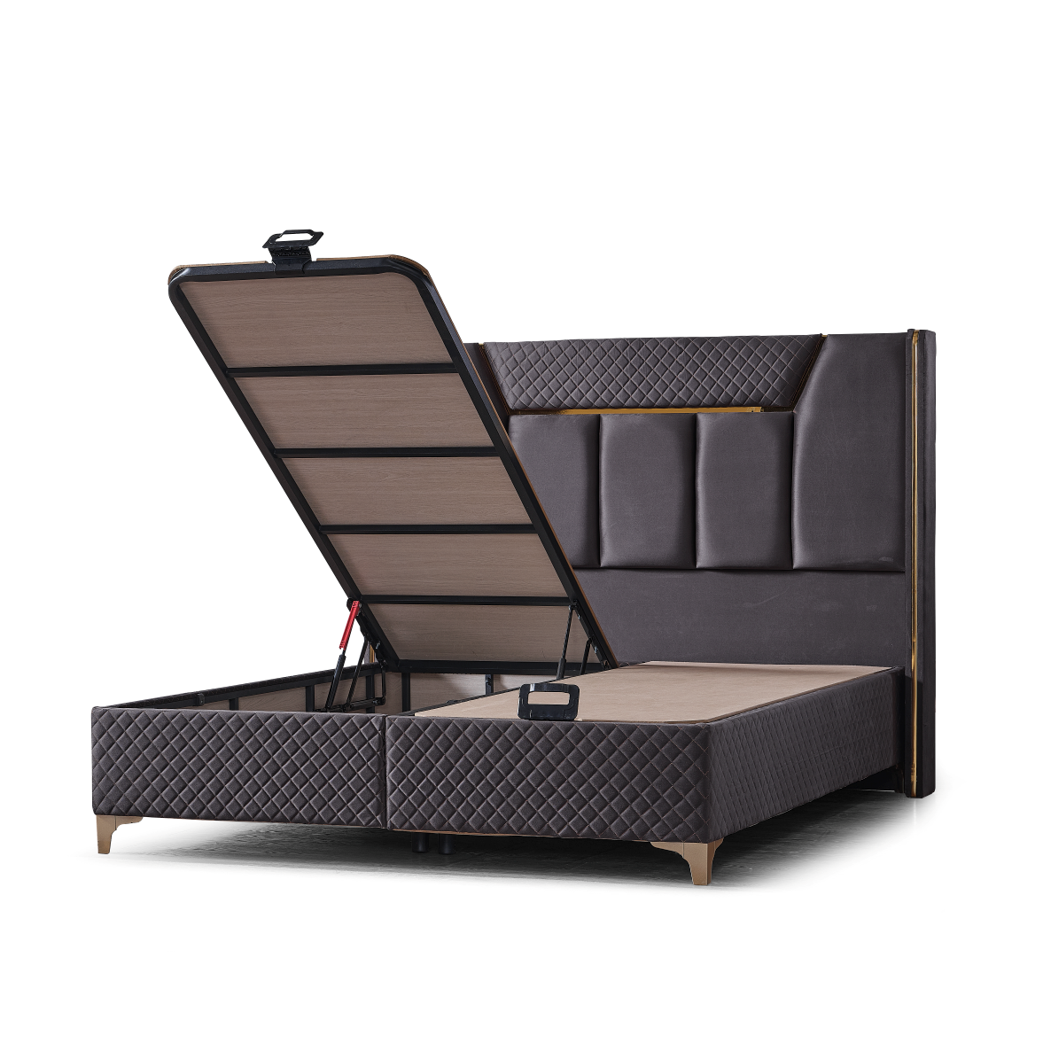 Structură metalică robustă a patului tapitat Bazano 160x200, asigurând stabilitate și durabilitate