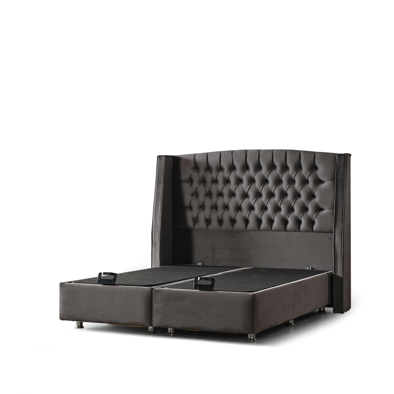 Pat tapițat cu saltea inclusă, ladă depozitare, somieră rabatabilă, catifea – Model Boxspring Tesla