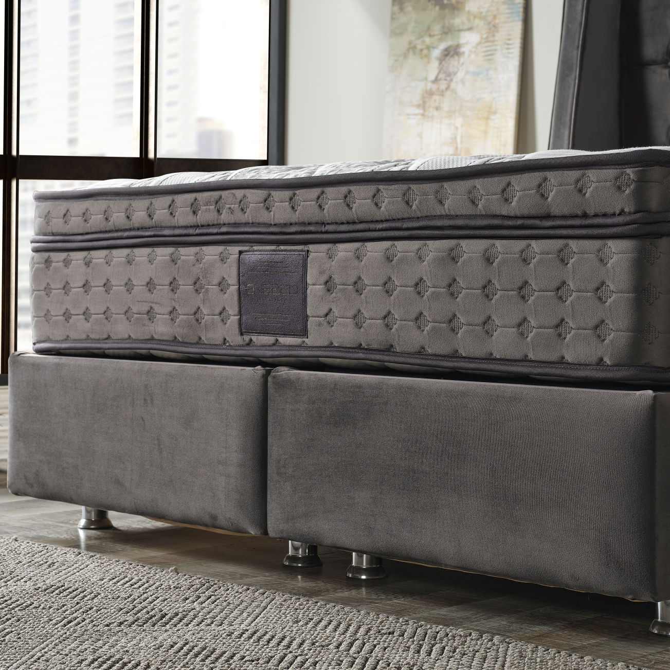 Pat Boxspring Tesla din Catifea, cu Saltea și Depozitare - IMPACT MOB