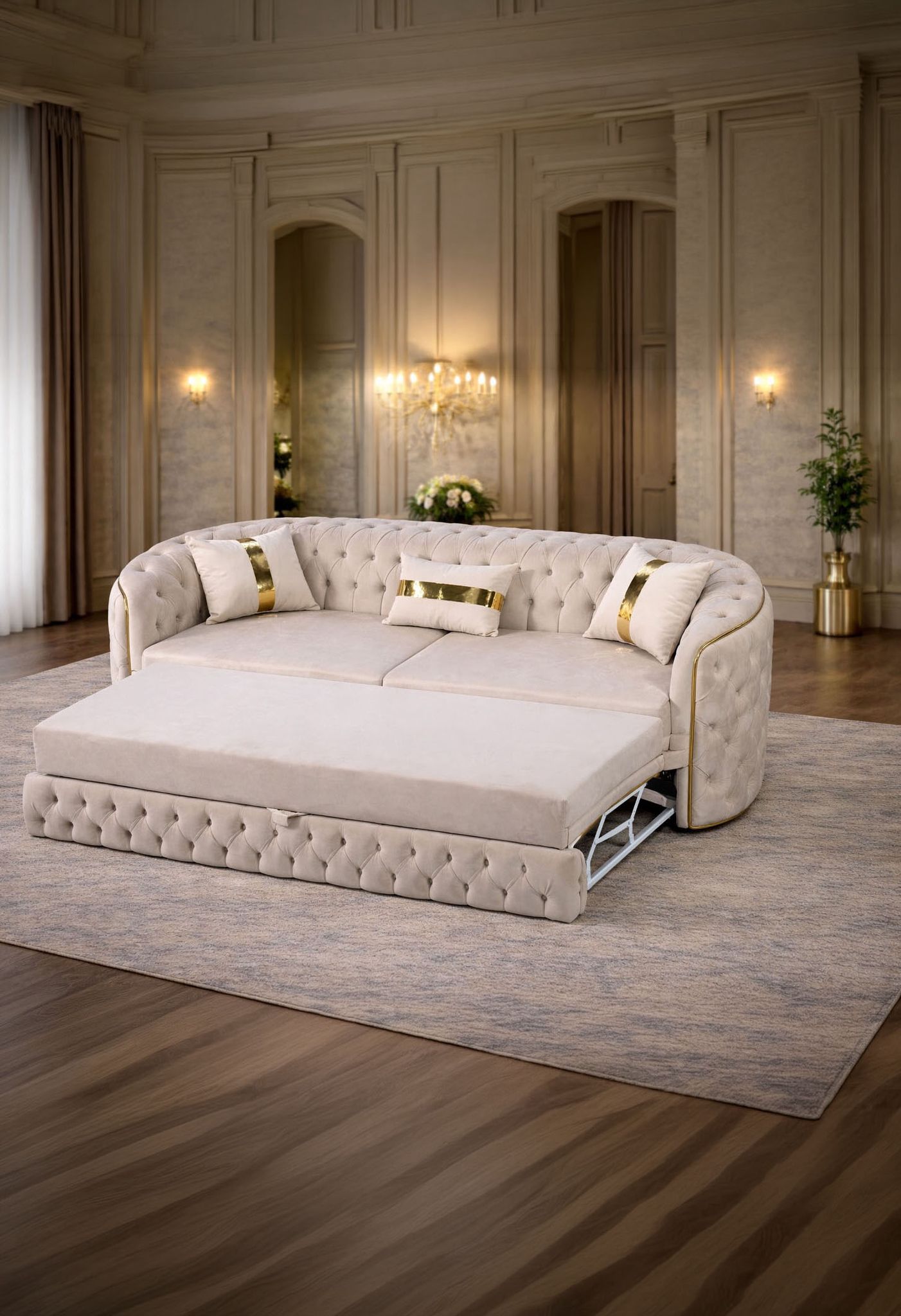 Canapea extensibilă Lugano din catifea, tapiserie elegantă, design modern, cu spătar și perne confortabile.