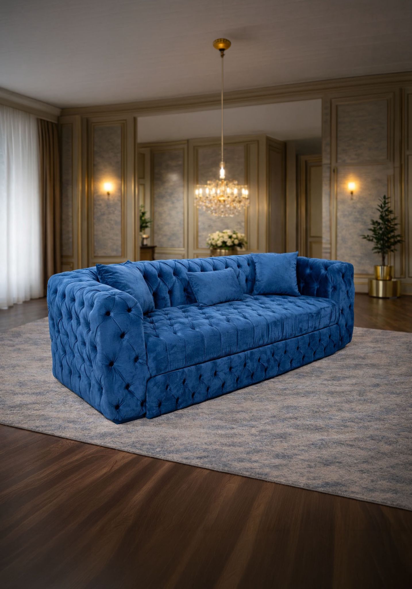 Canapea California IMPACT MOB, fixă și extensibilă, tapitată cu catifea, 230x90 cm, în cameră modernă.