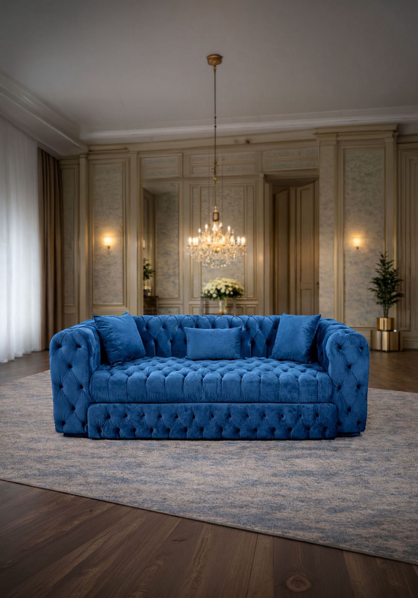 California Extensible Velvet Sofa by IMPACT MOB, showcasing plush upholstery and modern design in a living room setting.