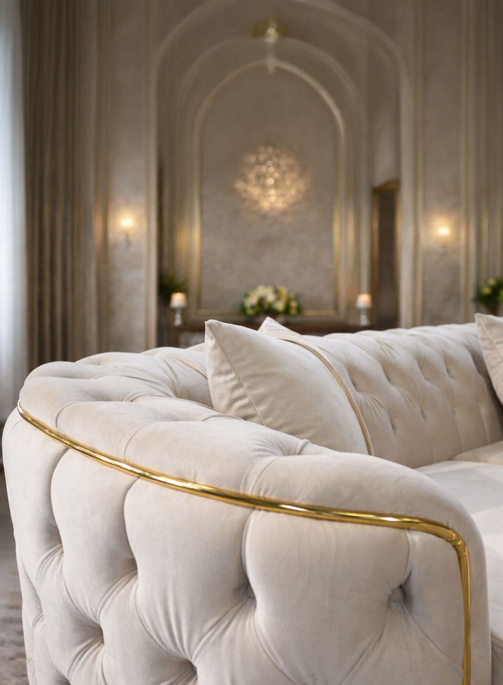 Lugano 270x270 cm sofa in plush velvet fabric by IMPACT MOB, featuring a modern design and elegant upholstery.