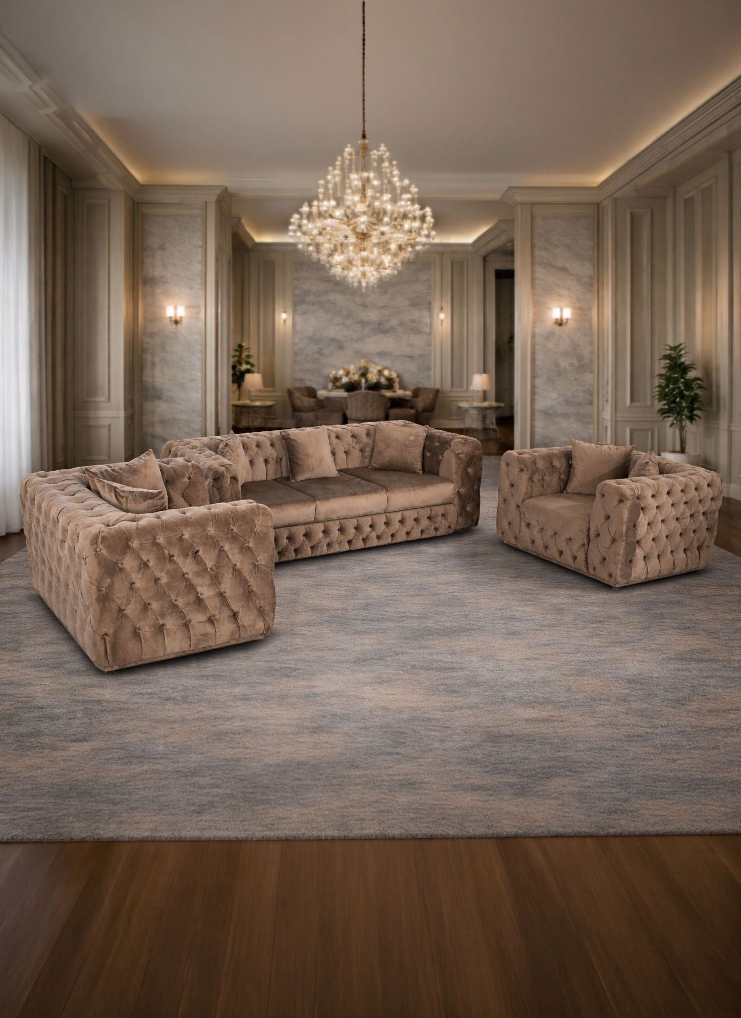 California set featuring a 3-seat extensible sofa and 2 armchairs by IMPACT MOB in a modern living room setting.