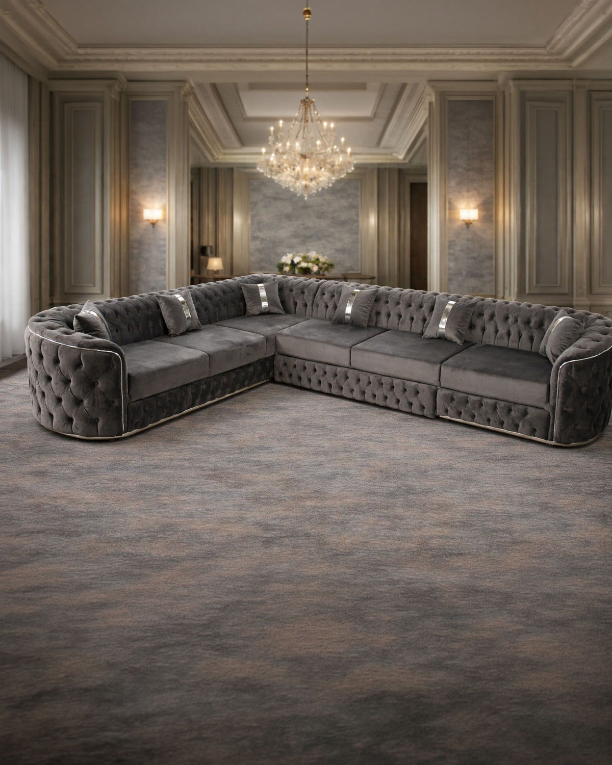 Extensible Lugano corner sofa 400x300 cm in a modern design by IMPACT MOB, featuring plush cushions and a sleek finish.