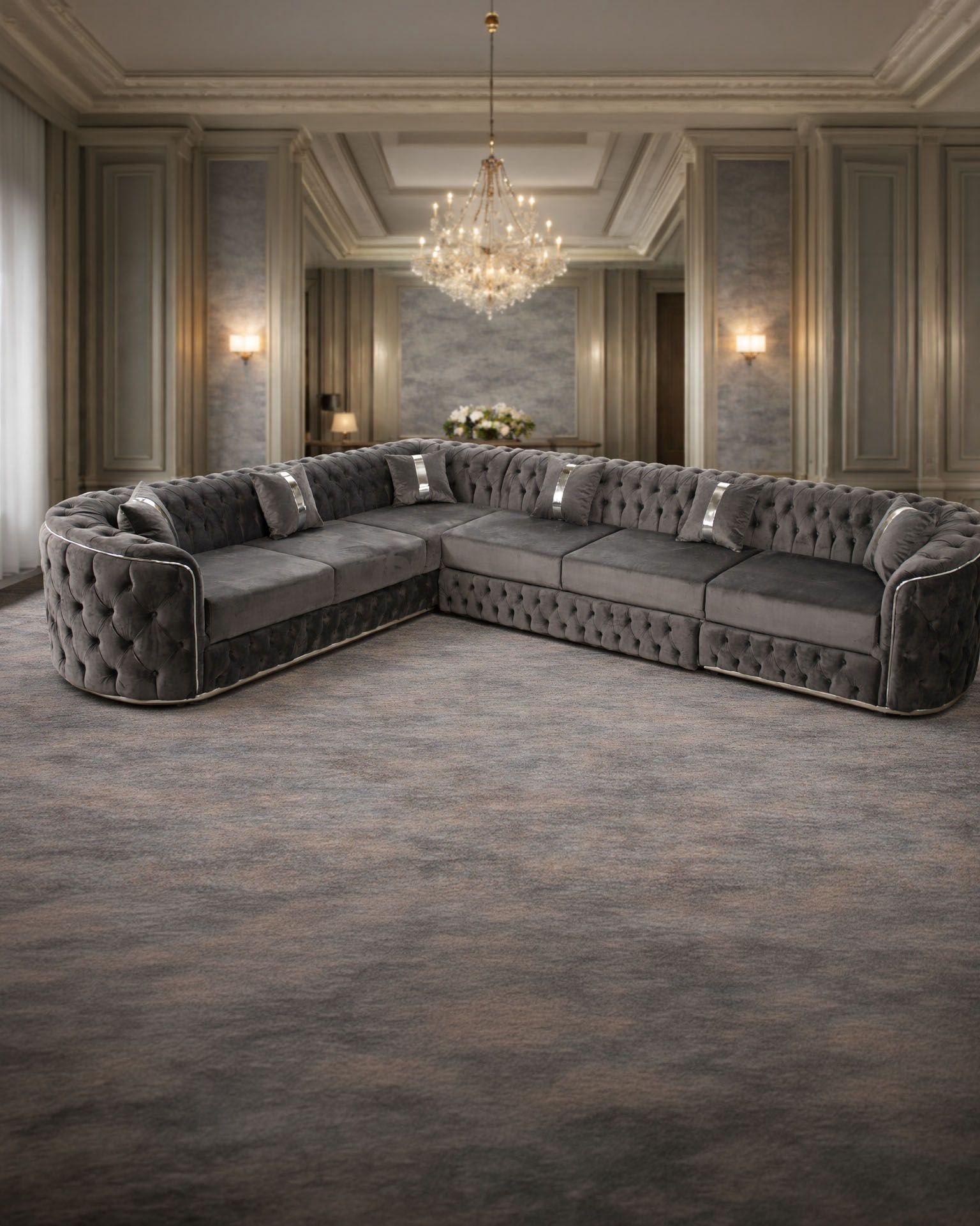 Lugano 270x270 cm upholstered sofa in plush velvet by IMPACT MOB, featuring a modern design and elegant color.