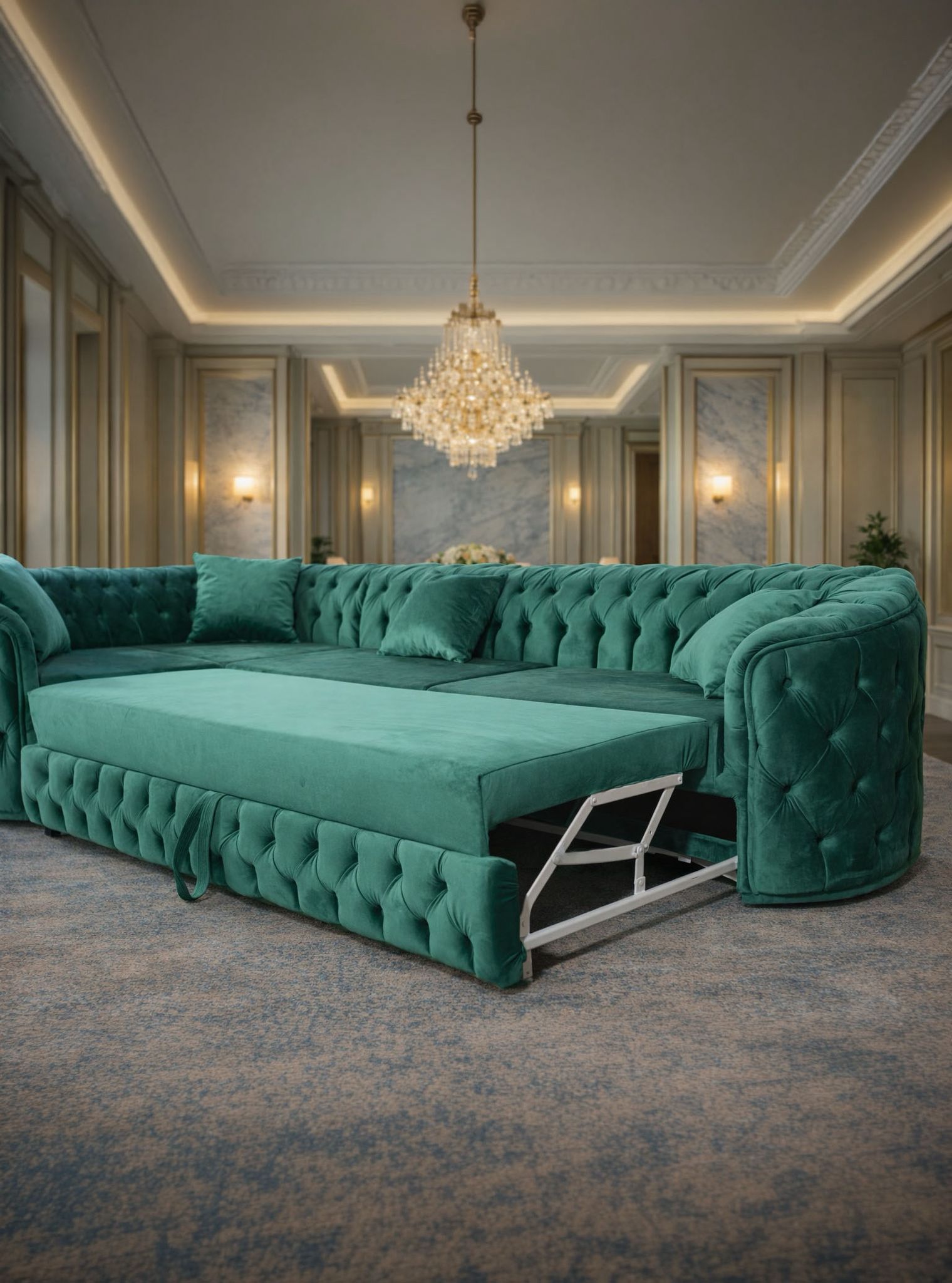 Lugano extensible corner sofa 180 x 270 cm with coffee table in a cozy living room setting by IMPACT MOB.