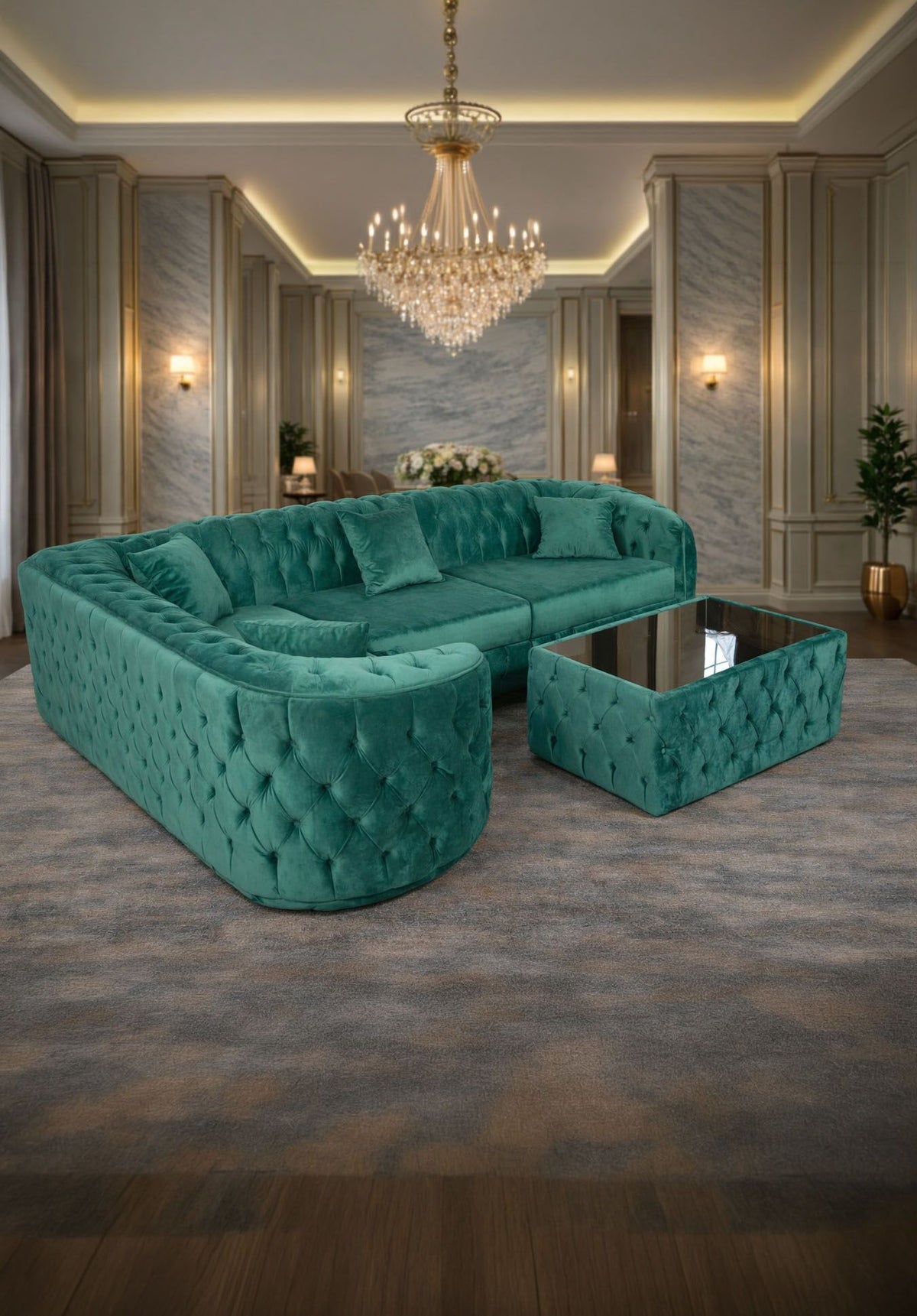 Colțar extensibil Lugano de la IMPACT MOB, dimensiuni 180x270 cm, cu măsuță de cafea, în tonuri neutre, pentru living modern.