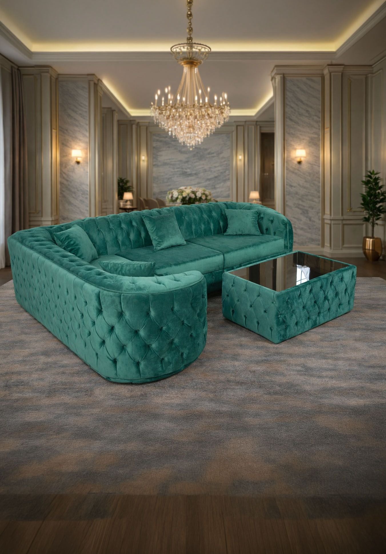 Colțar extensibil Lugano de la IMPACT MOB, dimensiuni 180x270 cm, cu măsuță de cafea, în tonuri neutre, pentru living modern.